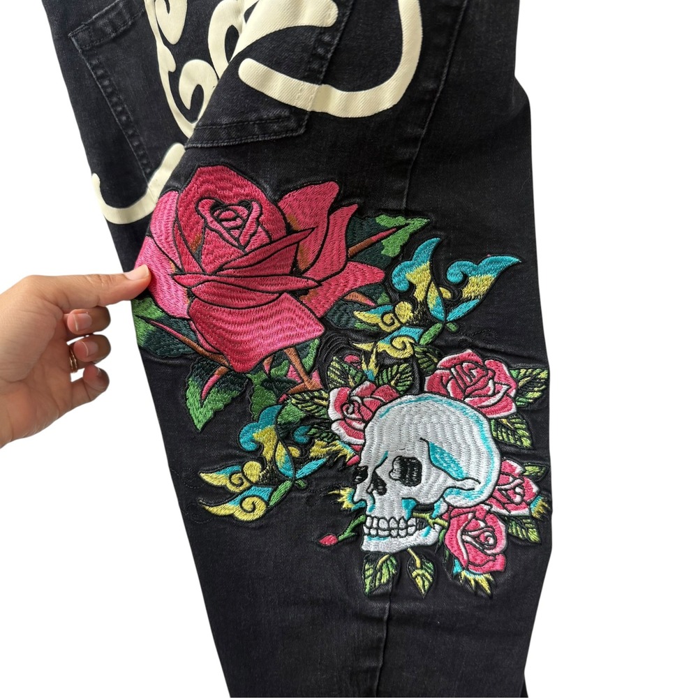 Ed Hardy Womens Black Wide Leg Jeans Skull Rose Embroidery Y2K 29 Waist - Picture 8 of 13